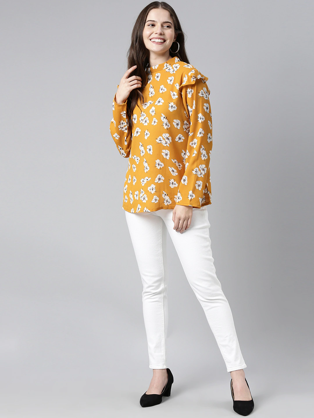 Women's Yellow Georgette Floral Printed Topahika