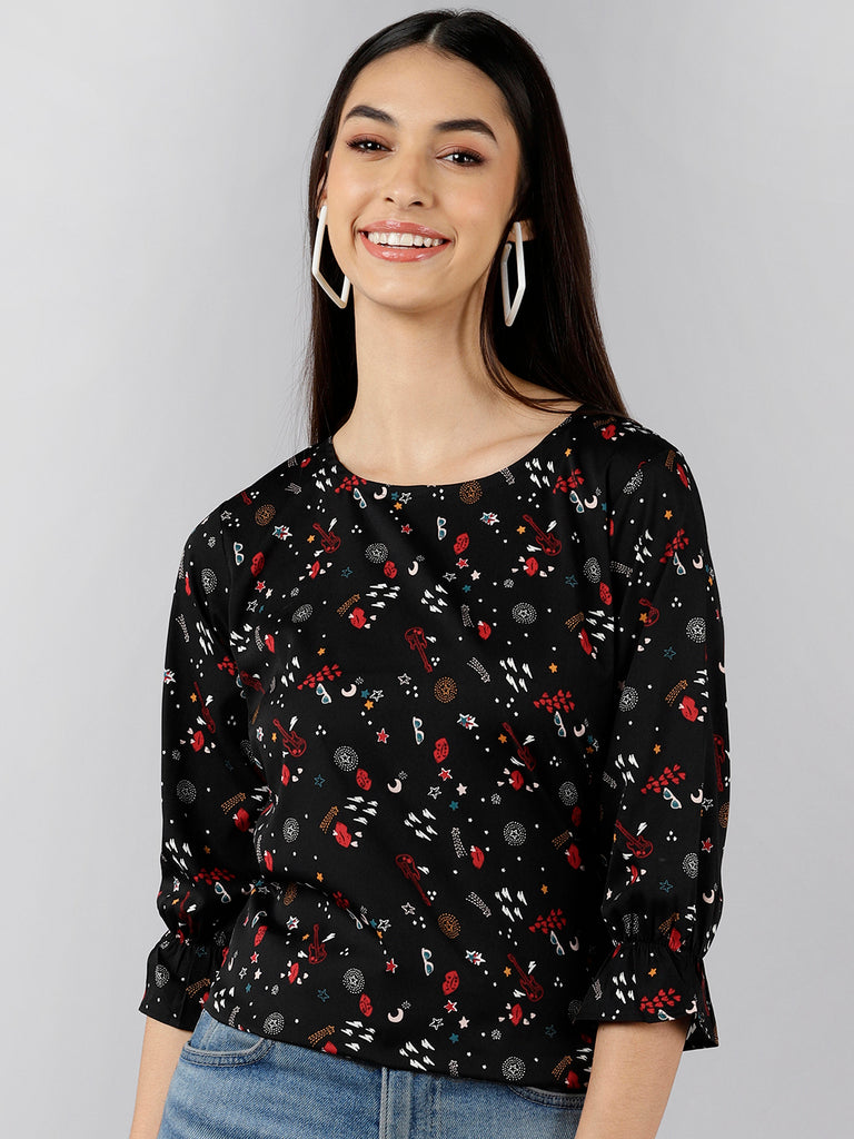 Women's Black Crepe Conversational Printed