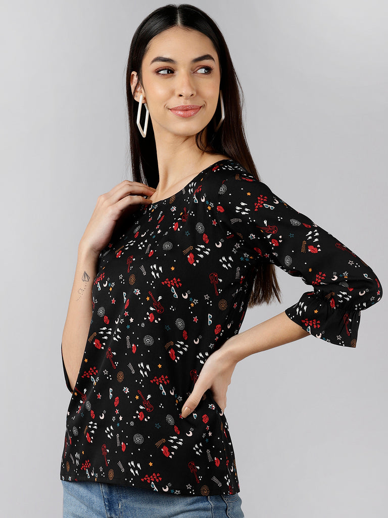 Women's Black Crepe Conversational Printed