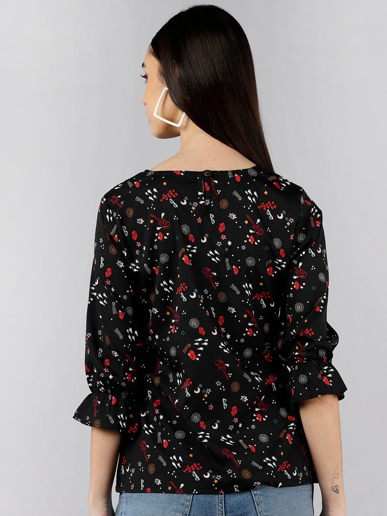 Women's Black Crepe Conversational Printed