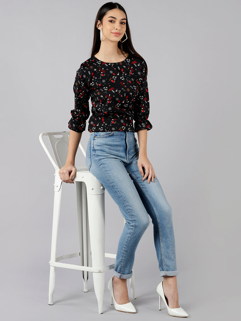 Women's Black Crepe Conversational Printed