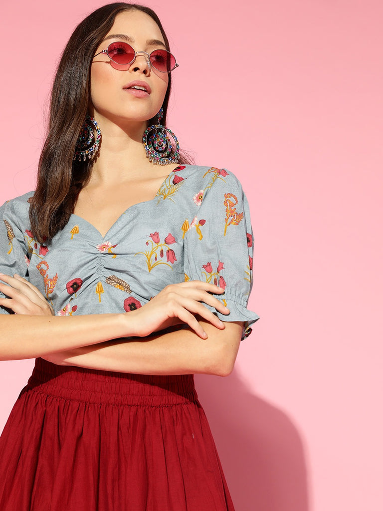 Women's Blue Cotton Floral Printed