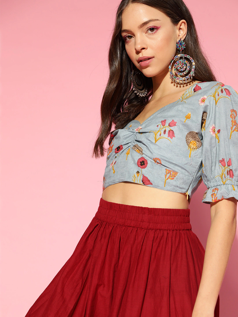 Women's Blue Cotton Floral Printed