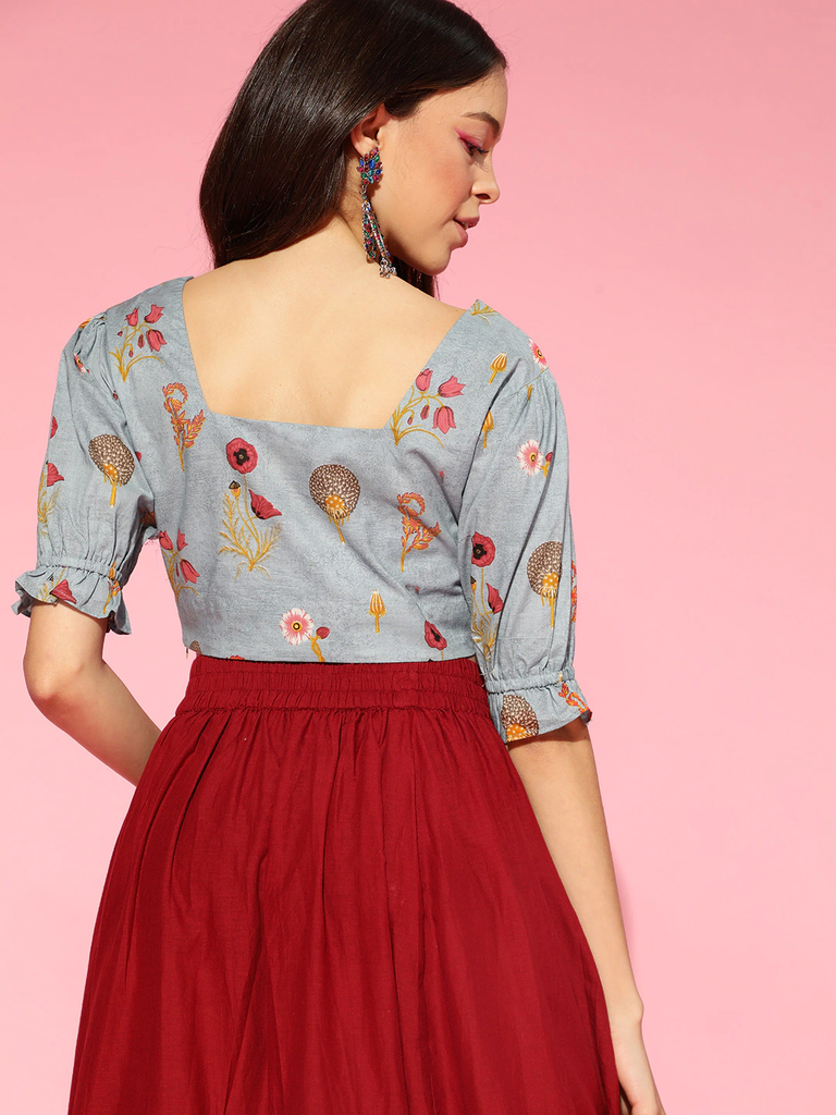 Women's Blue Cotton Floral Printed