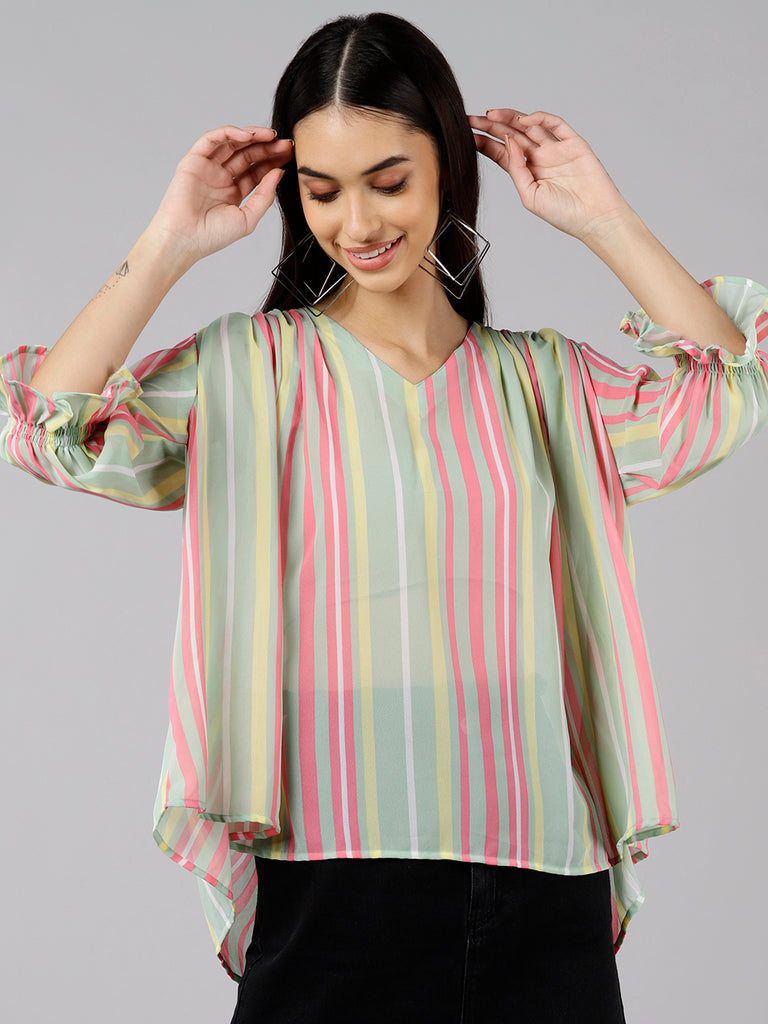 Women's Sea Green Georgette Vertical Stripes Printed