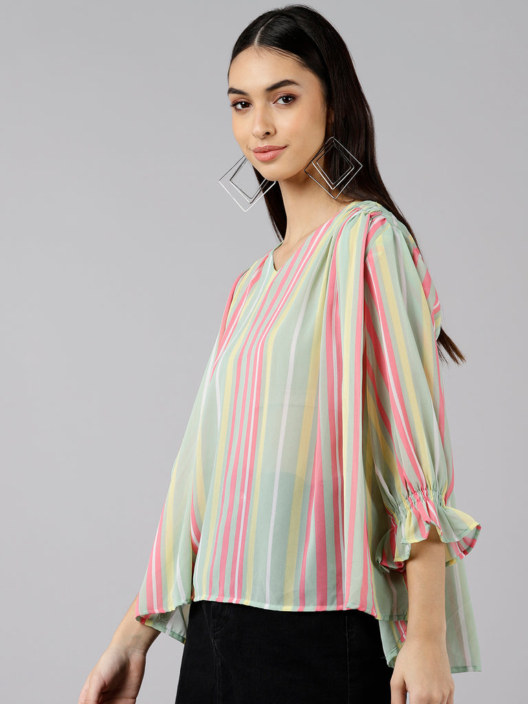Women's Sea Green Georgette Vertical Stripes Printed