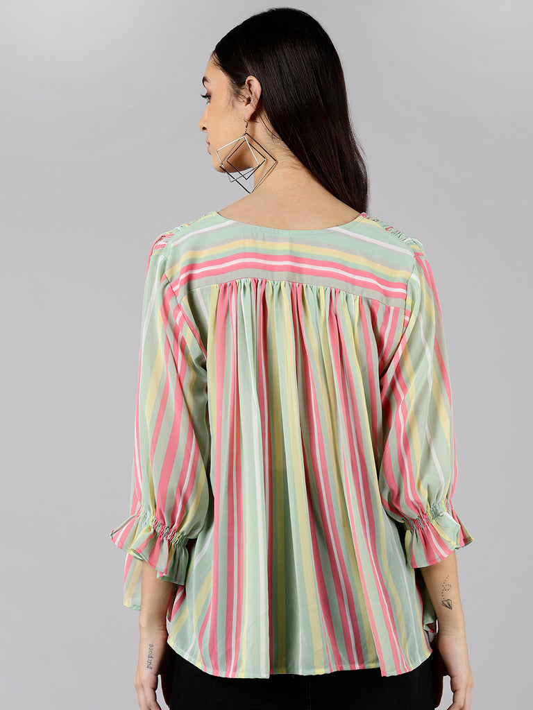 Women's Sea Green Georgette Vertical Stripes Printed