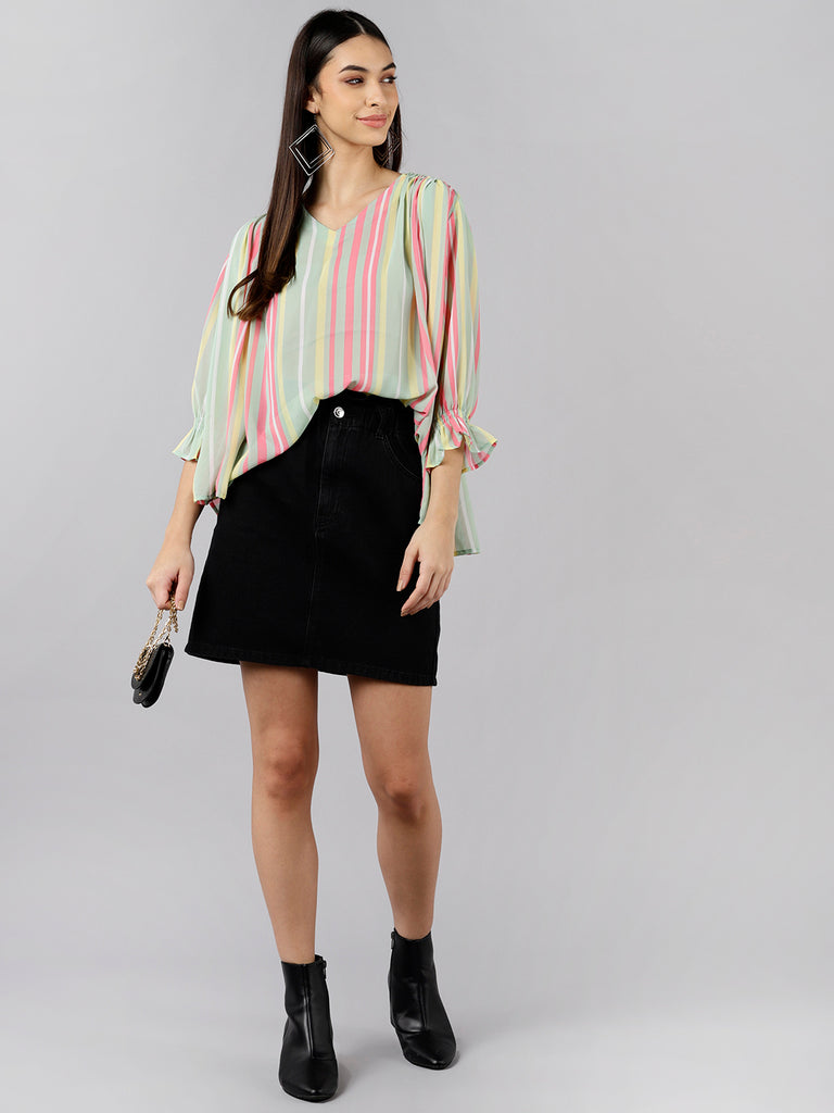Women's Sea Green Georgette Vertical Stripes Printed