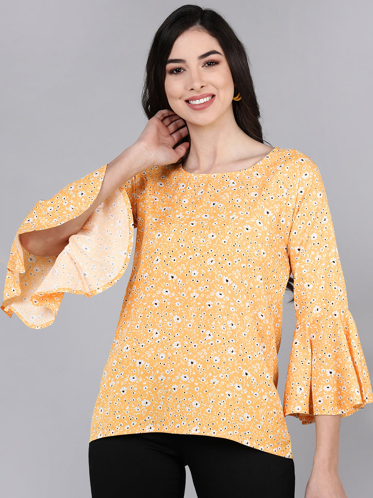 Women's Mustard Crepe Floral Printed