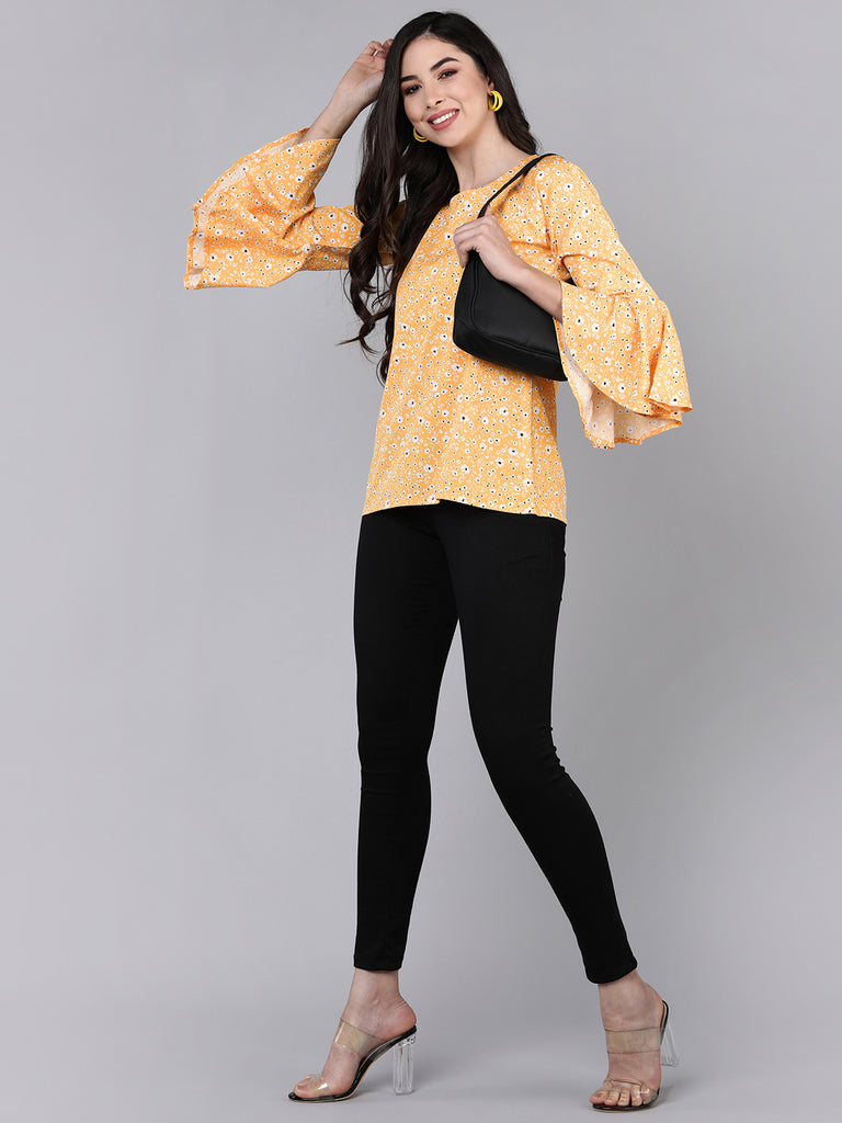 Women's Mustard Crepe Floral Printed