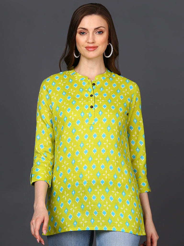 Women's Lime Green Cotton Blend Geometric Printed