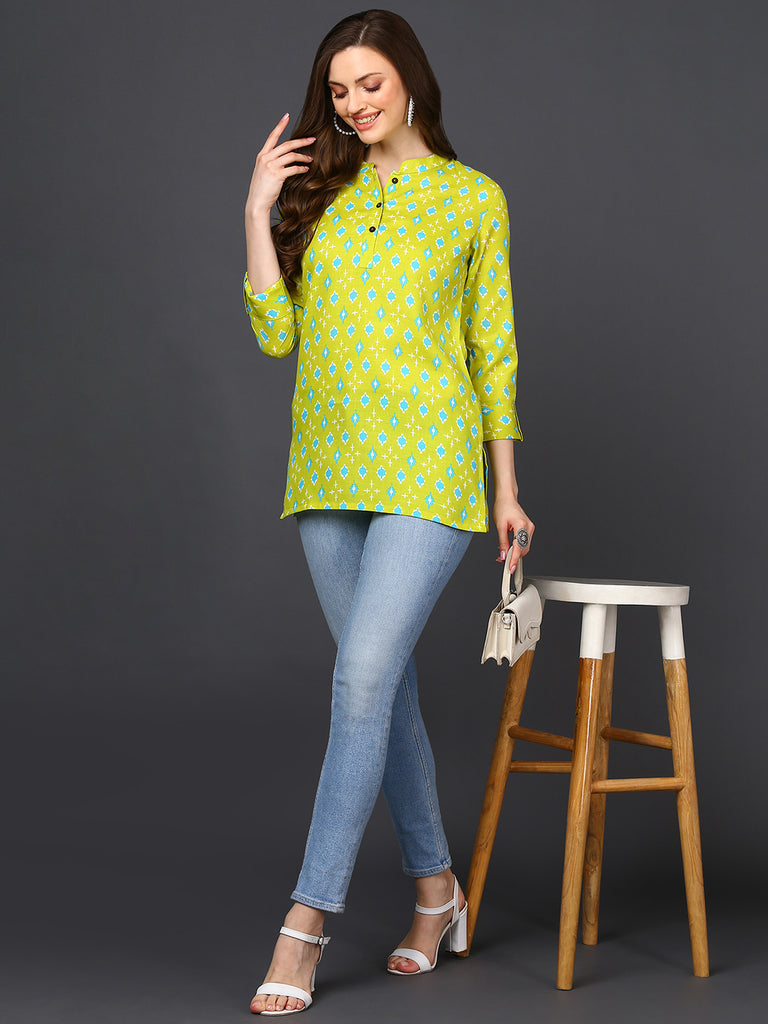 Women's Lime Green Cotton Blend Geometric Printed