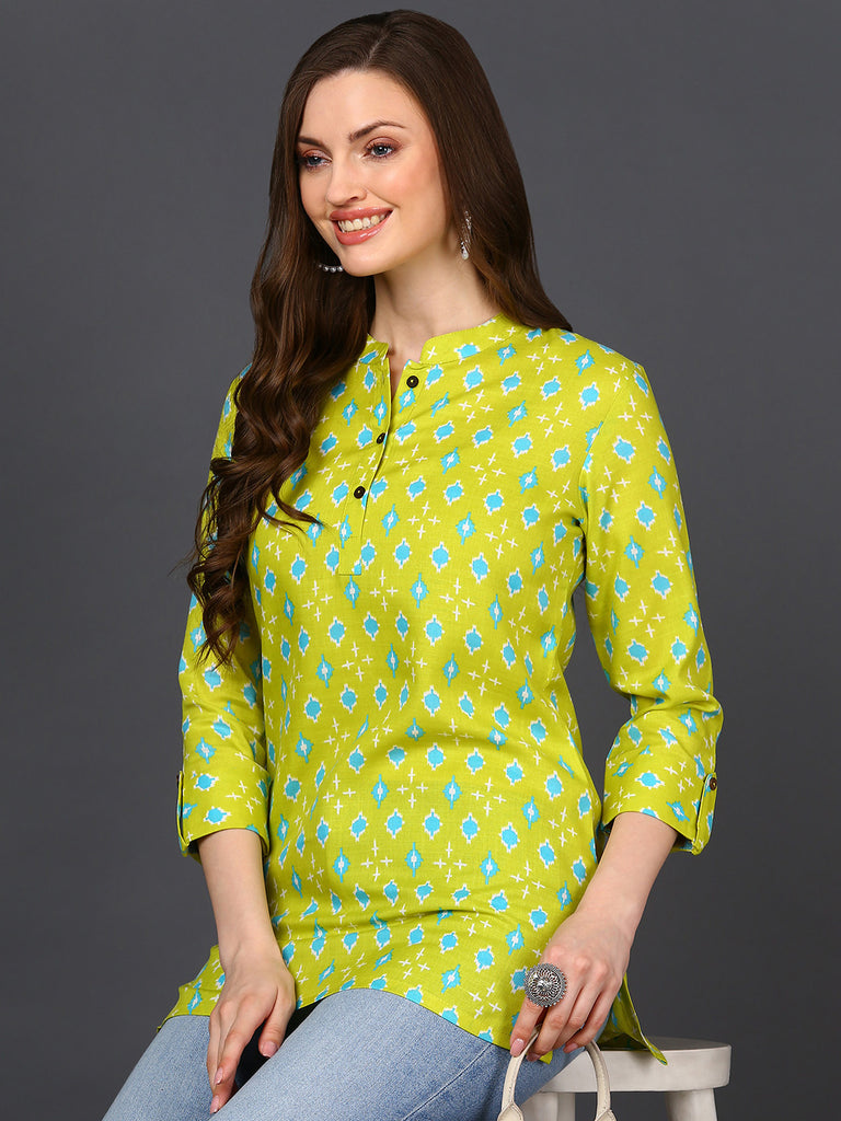Women's Lime Green Cotton Blend Geometric Printed
