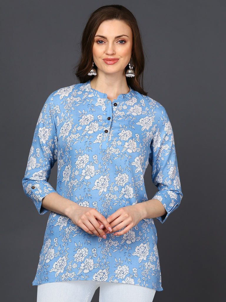 Women's Blue Cotton Blend Floral Printed