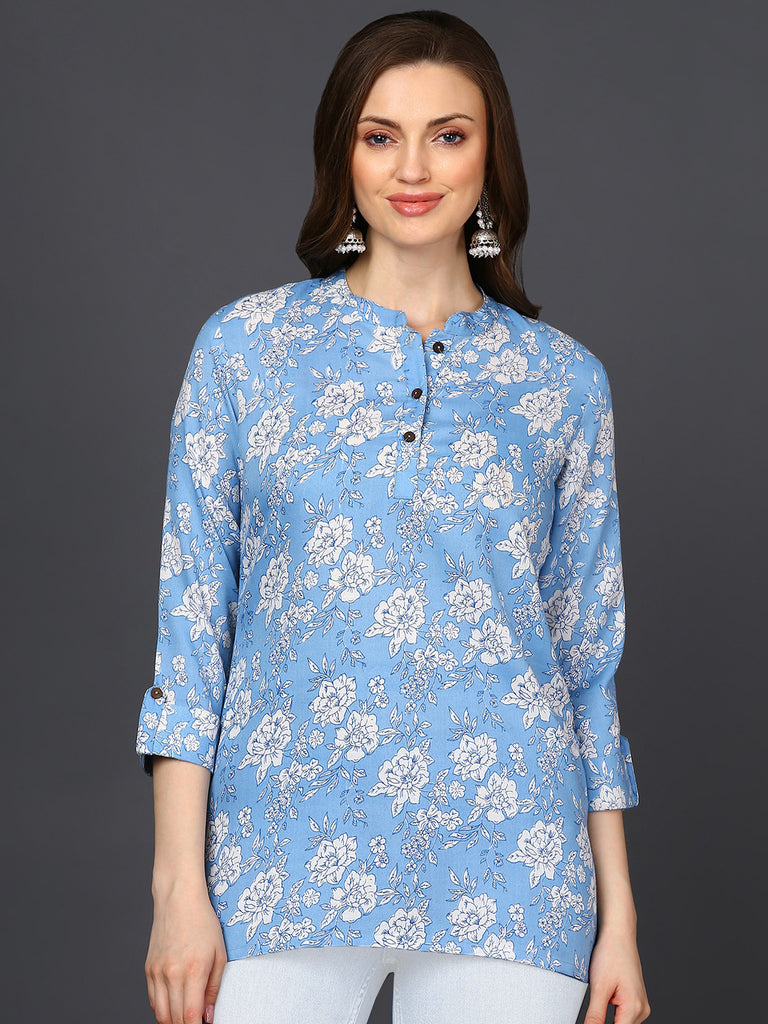Women's Blue Cotton Blend Floral Printed