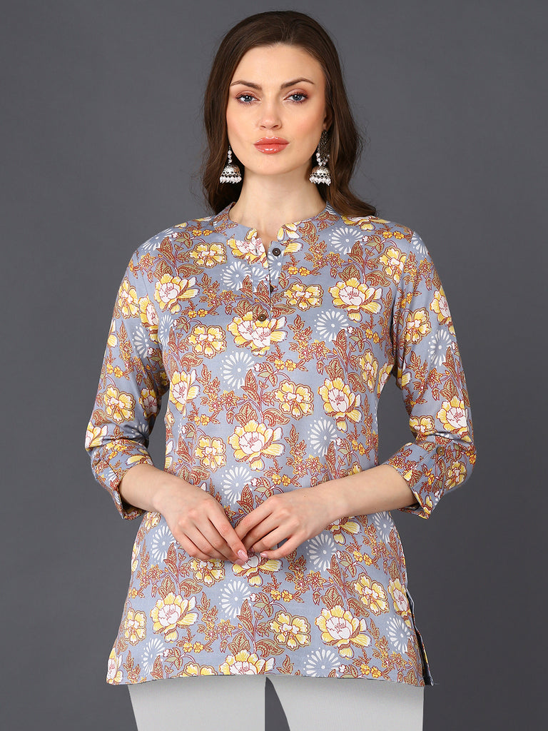 Women's Grey Cotton Blend Floral Printed