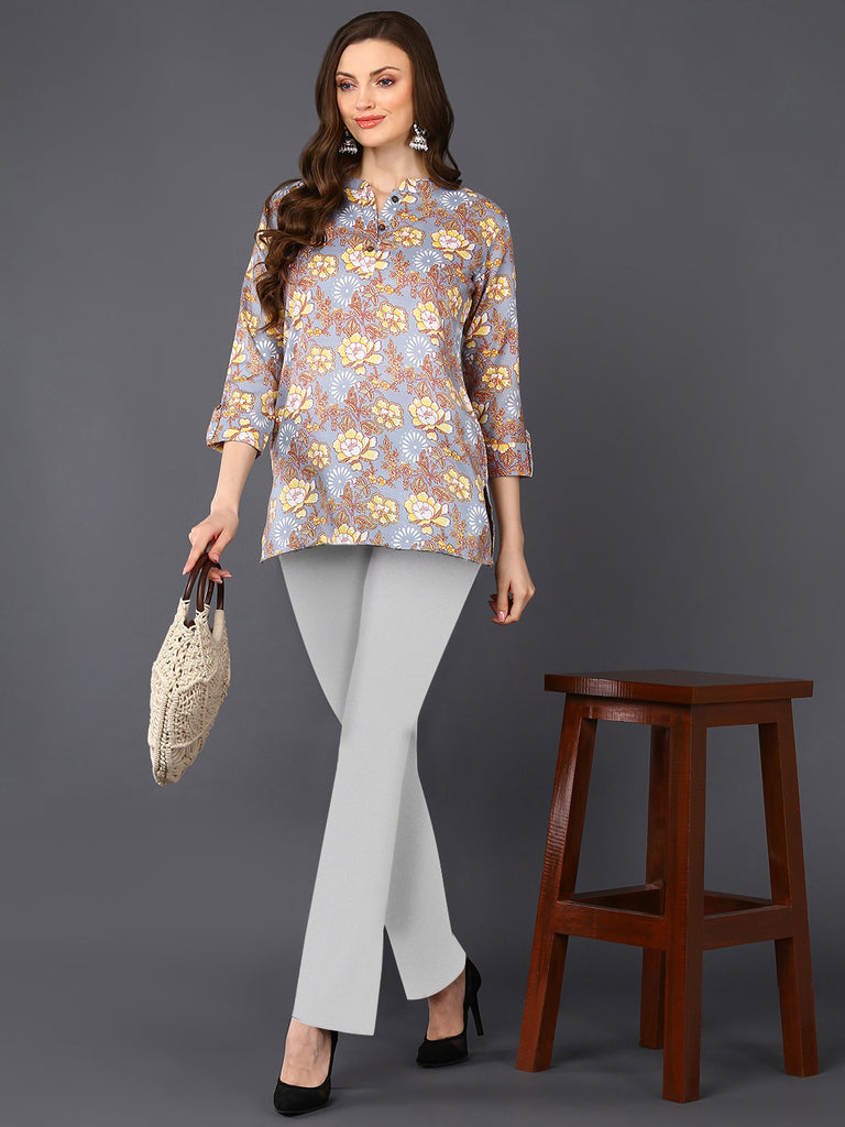 Women's Grey Cotton Blend Floral Printed