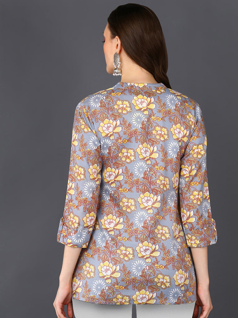 Women's Grey Cotton Blend Floral Printed