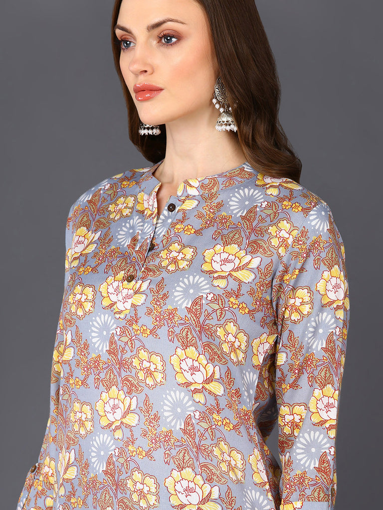 Women's Grey Cotton Blend Floral Printed
