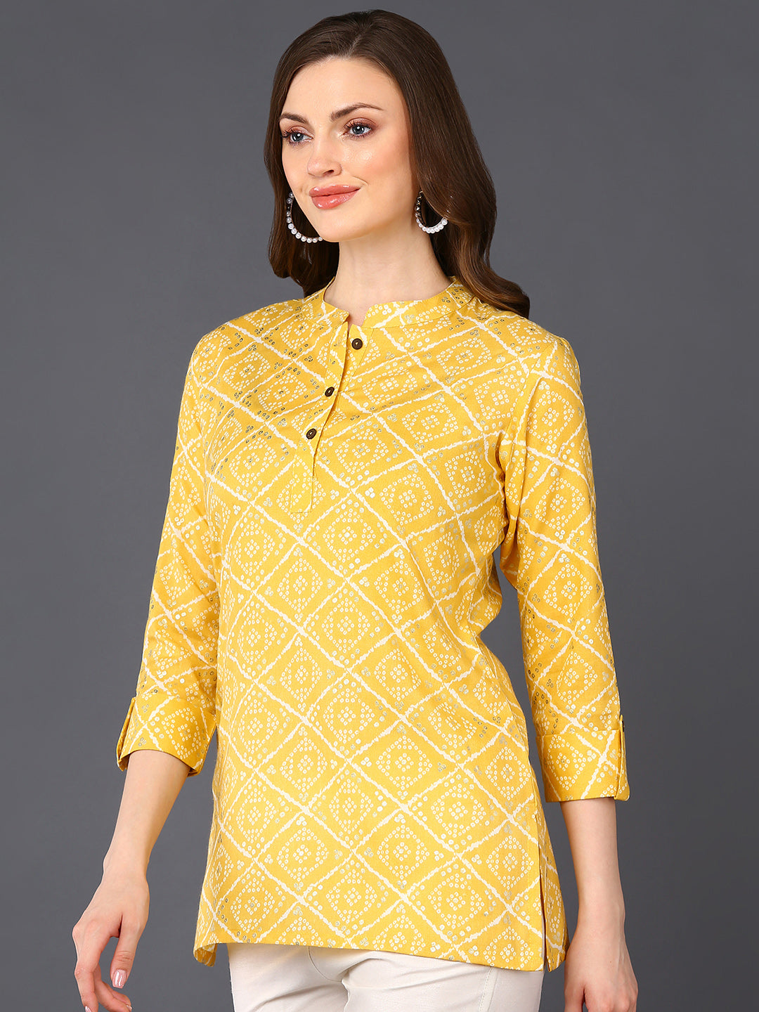Women's Yellow Cotton Blend Geometric Printed Topahika