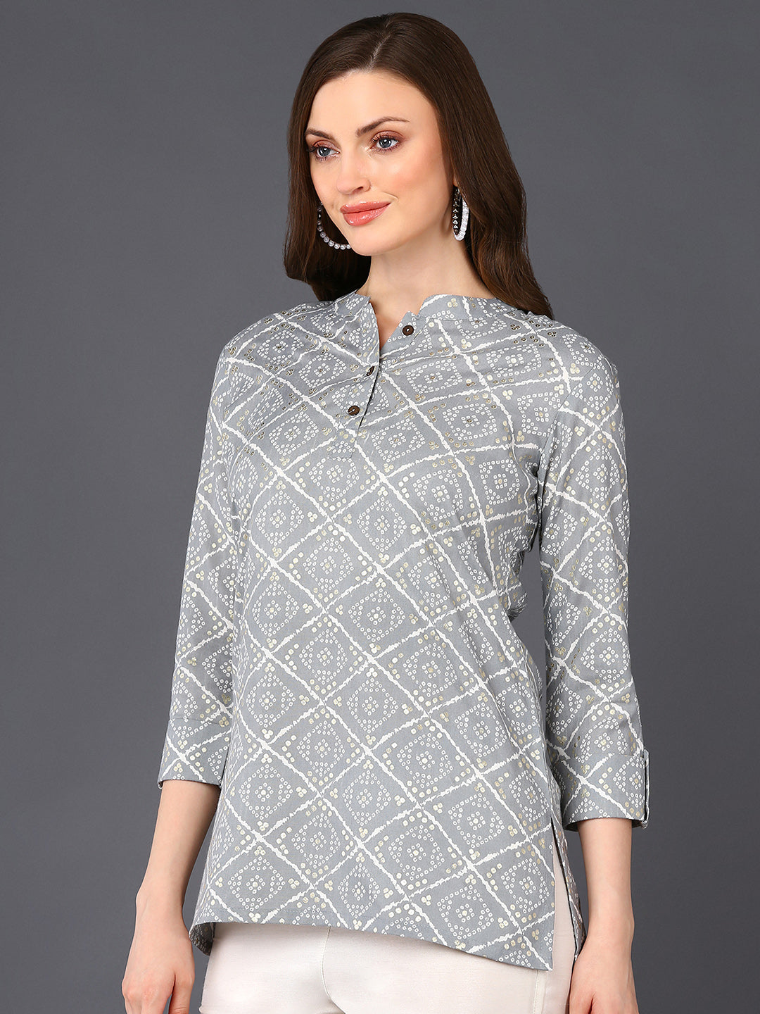 Women's Grey Cotton Blend Geometric Printed Topahika