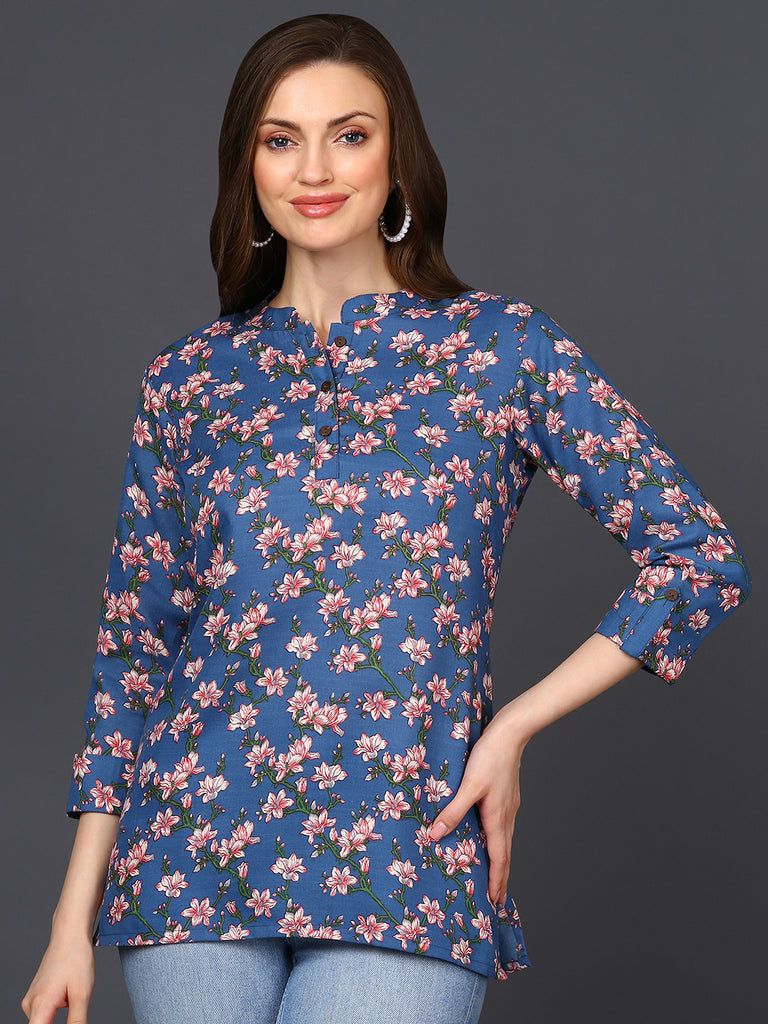 Women's Blue Cotton Blend Floral Printed