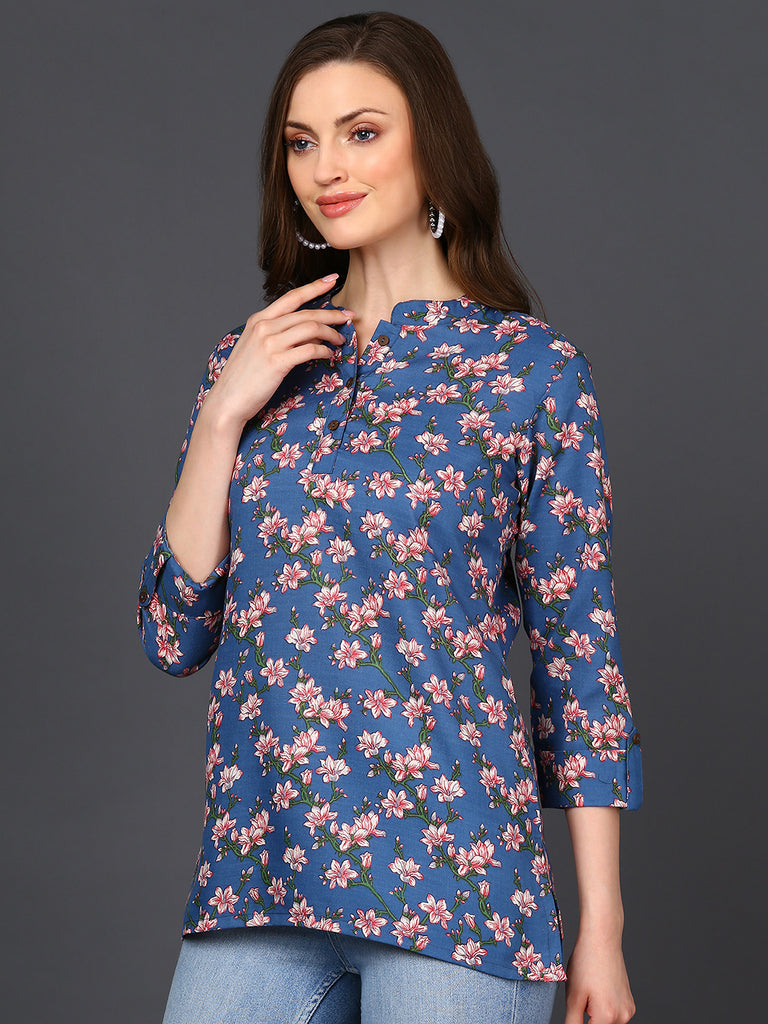 Women's Blue Cotton Blend Floral Printed
