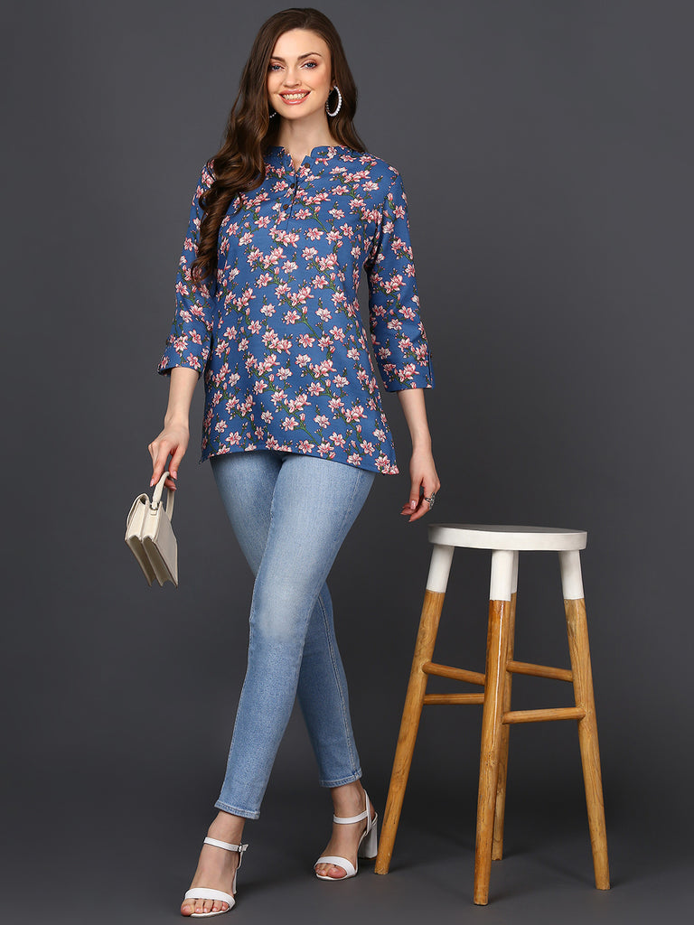Women's Blue Cotton Blend Floral Printed