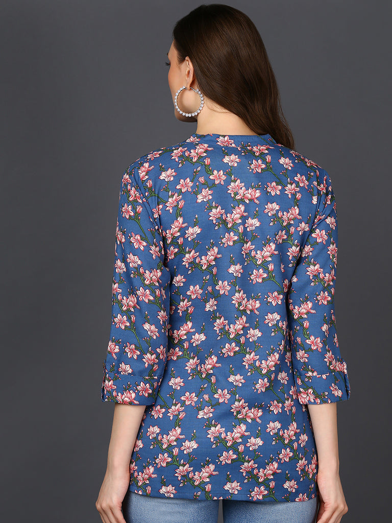 Women's Blue Cotton Blend Floral Printed