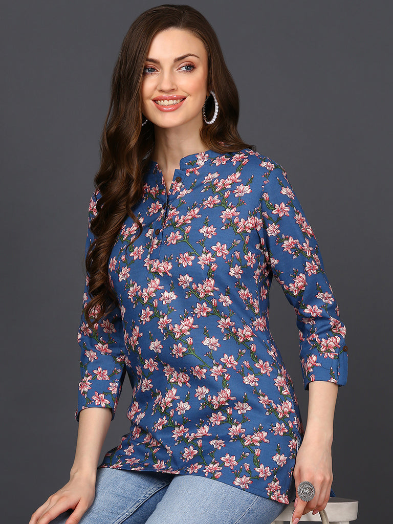Women's Blue Cotton Blend Floral Printed