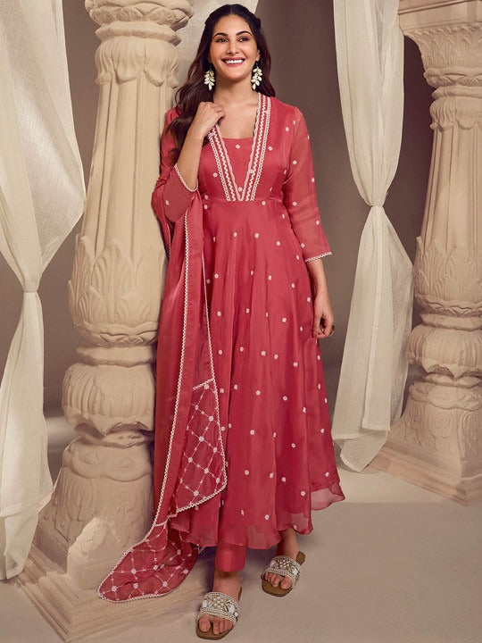 Women's Maroon Organza Embroidered Kurta Set