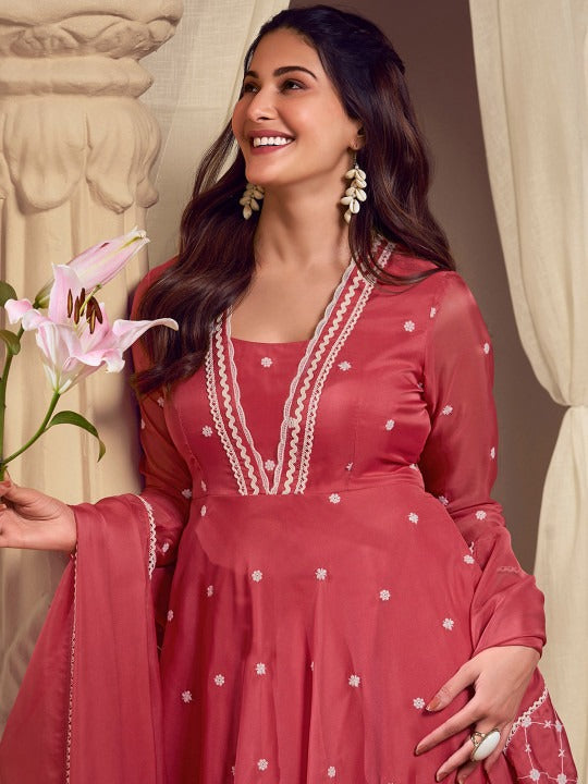 Women's Maroon Organza Embroidered Kurta Set