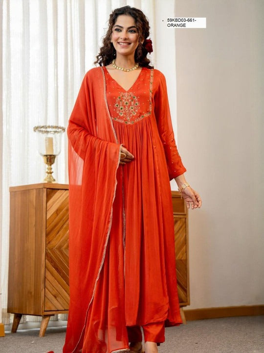 Women's Orange Silk Blend Embroidered Kurta Set