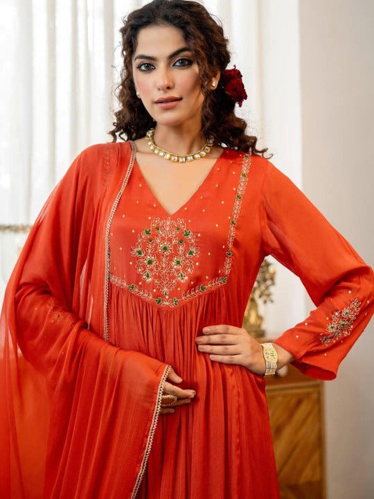 Women's Orange Silk Blend Embroidered Kurta Set