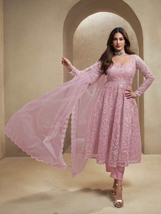 Women's Dusty Rose Pink Net& Inner - Crepe Embroidered Anarkali Set