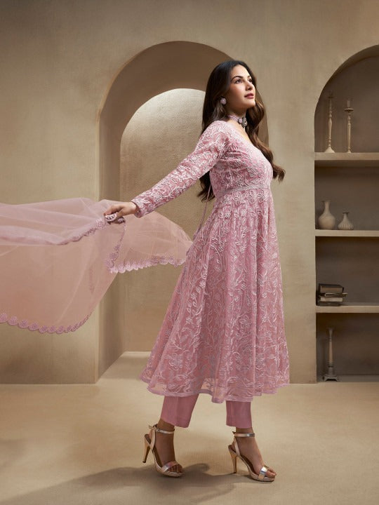 Women's Dusty Rose Pink Net& Inner - Crepe Embroidered Anarkali Set