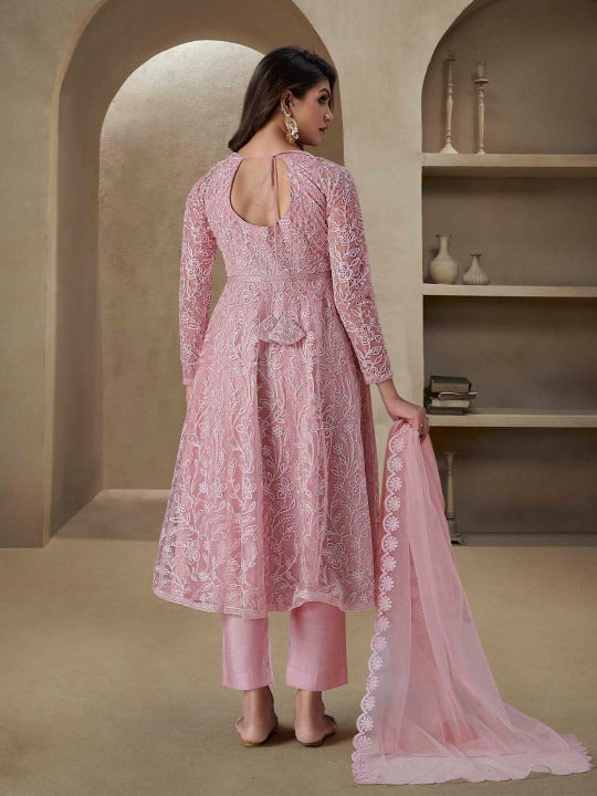 Women's Dusty Rose Pink Net& Inner - Crepe Embroidered Anarkali Set