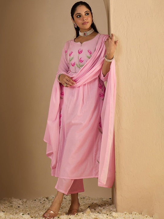 Women's Pink Pure Cotton Thread Work With Weave Pattern Kurta Set