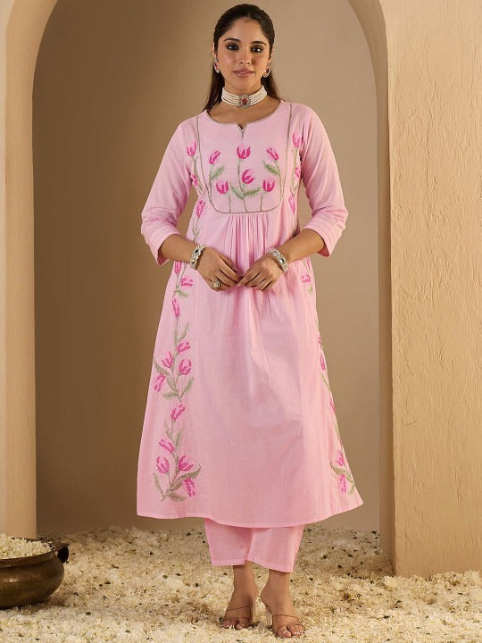 Women's Pink Pure Cotton Thread Work With Weave Pattern Kurta Set