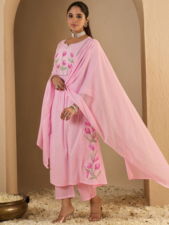 Women's Pink Pure Cotton Thread Work With Weave Pattern Kurta Set