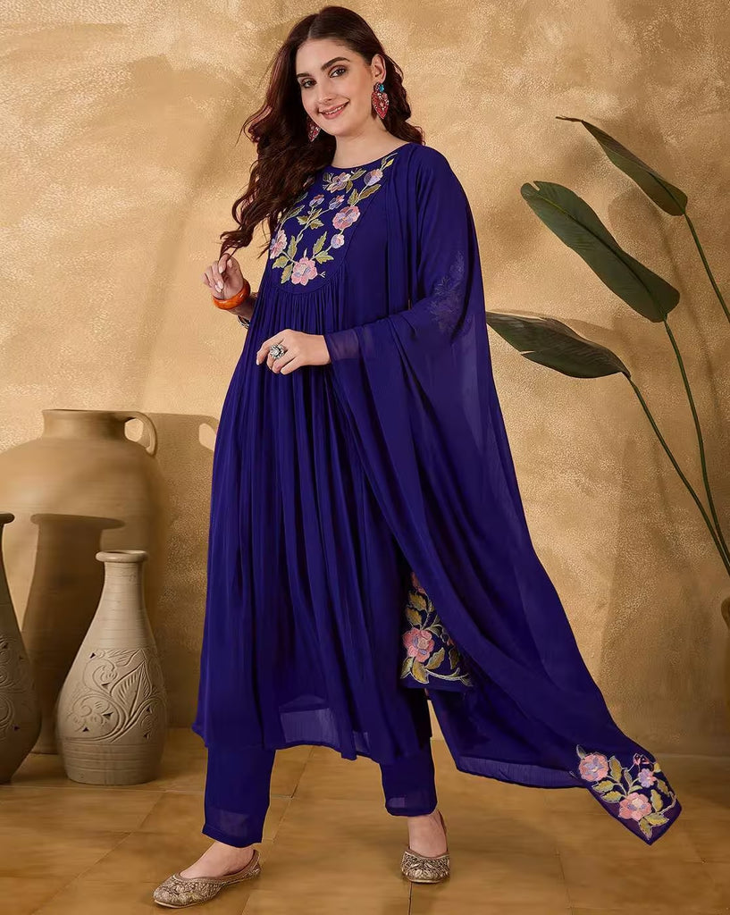 Women's Blue Embroidered Kurta With Pant And Duppata Set