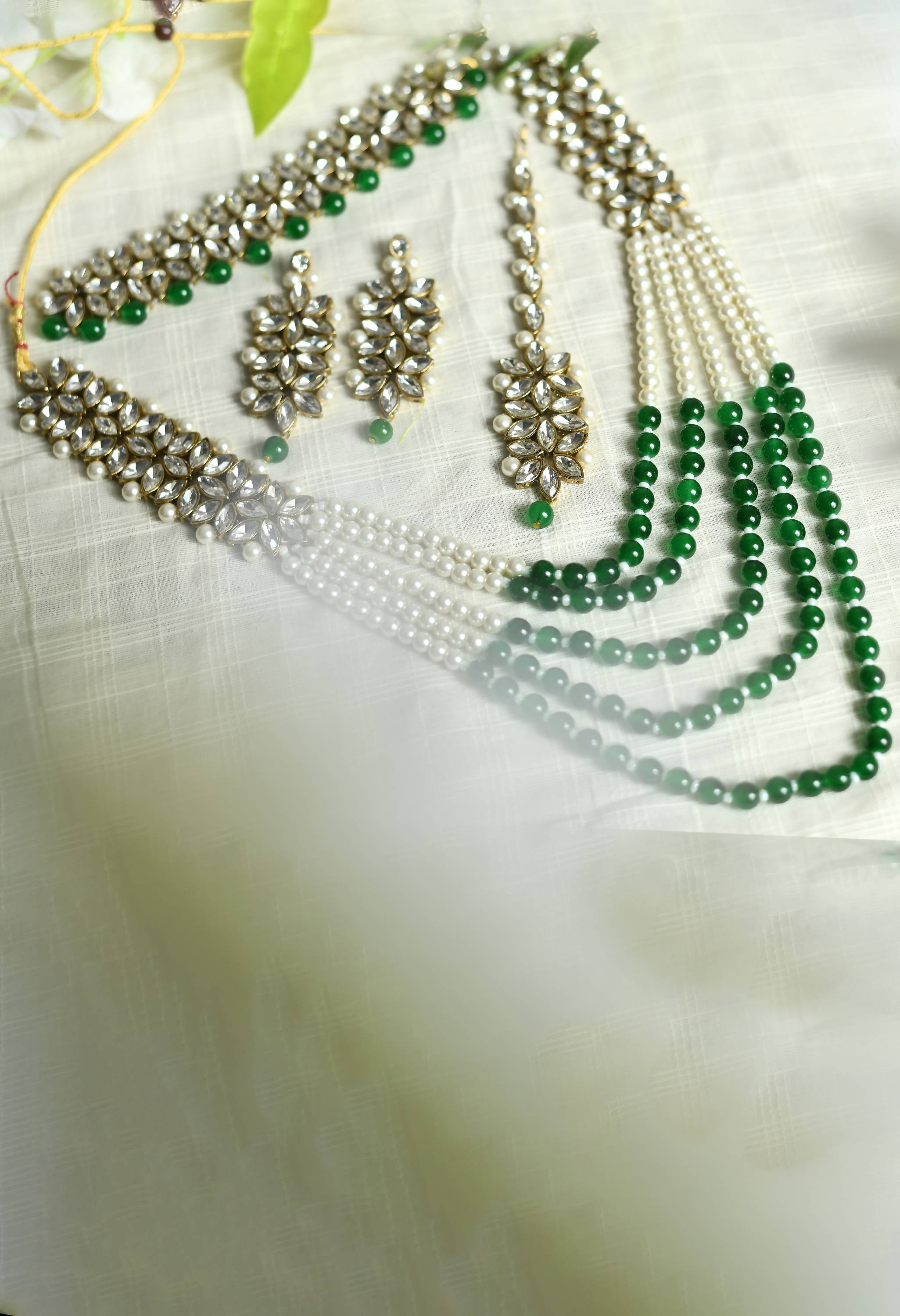 Johar Kamal Golden Plated with stone and green Pearls Necklace Comb