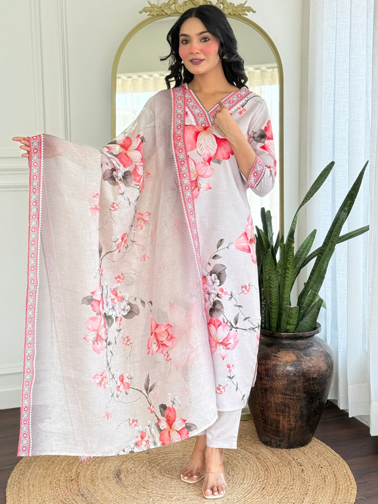 Women's Off White Rayon Flower Print Kurta Set