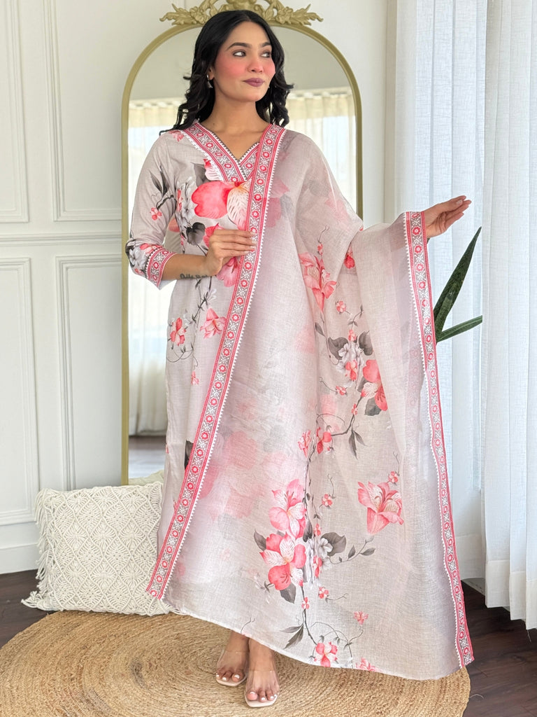 Women's Off White Rayon Flower Print Kurta Set