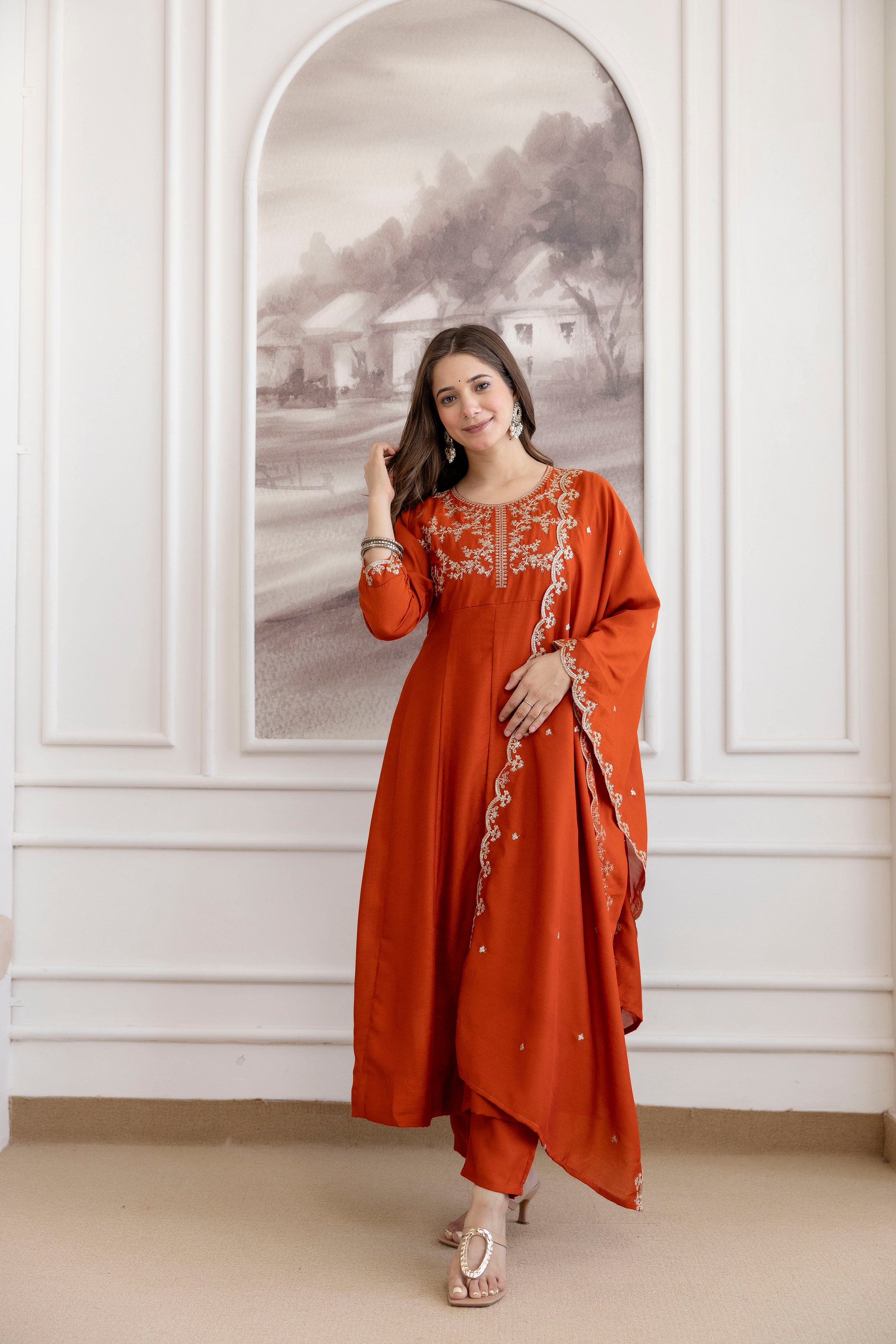 Women's Rust Embroidered Kurta With Pant And Duppata Set Trendia Women's Rust Embroidered Kurta With Pant And Duppata Set Trendia