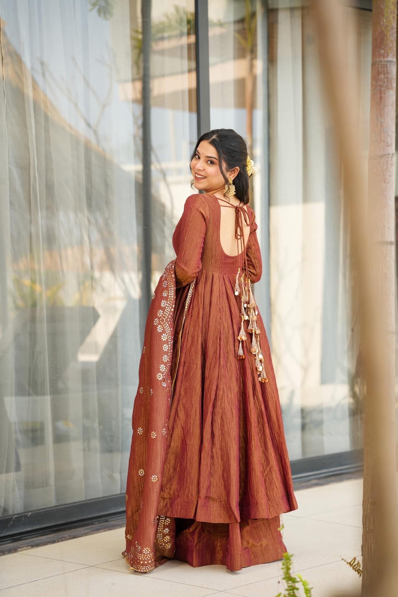 Women's Brown Chinon Solid Anarkali Set Brown / S | Trendia Global Women's Brown Chinon Solid Anarkali Set Brown / S | Trendia Global