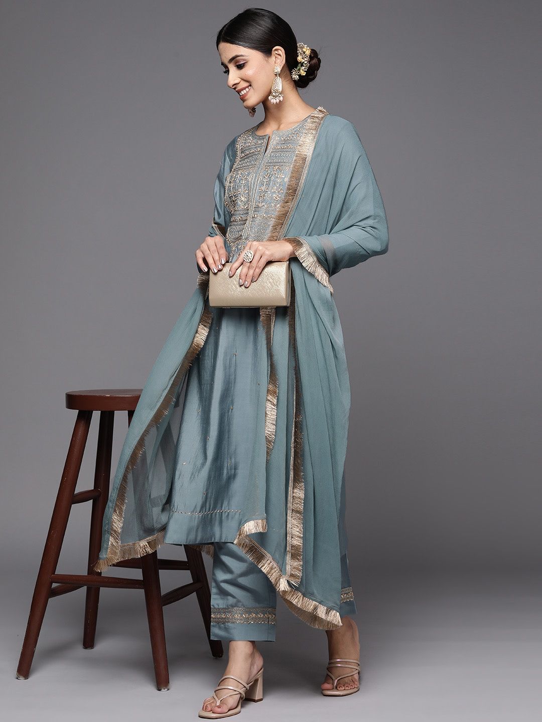 Women's Grey Viscose Chanderi Kurta set