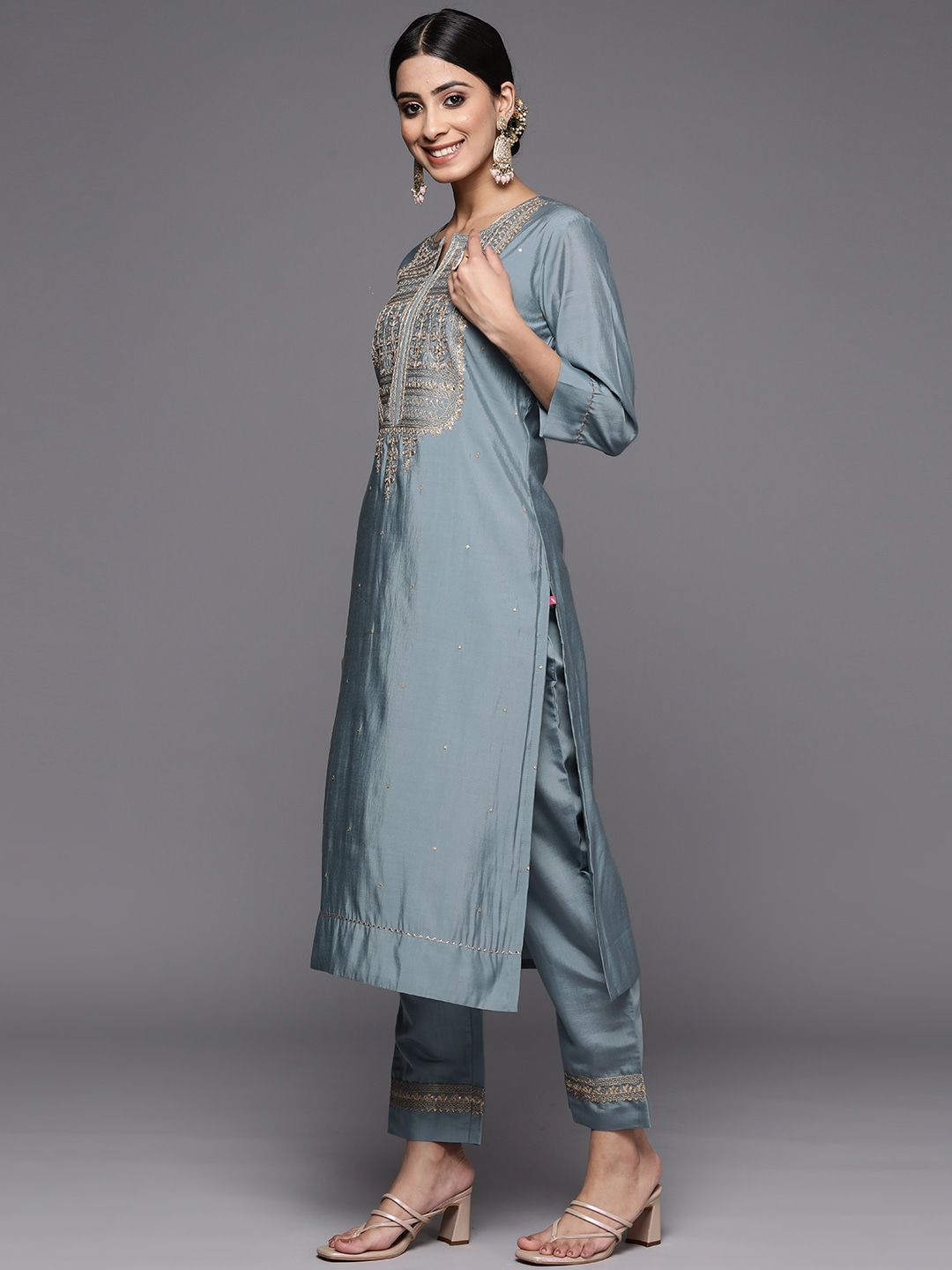 Women's Grey Viscose Chanderi Kurta set