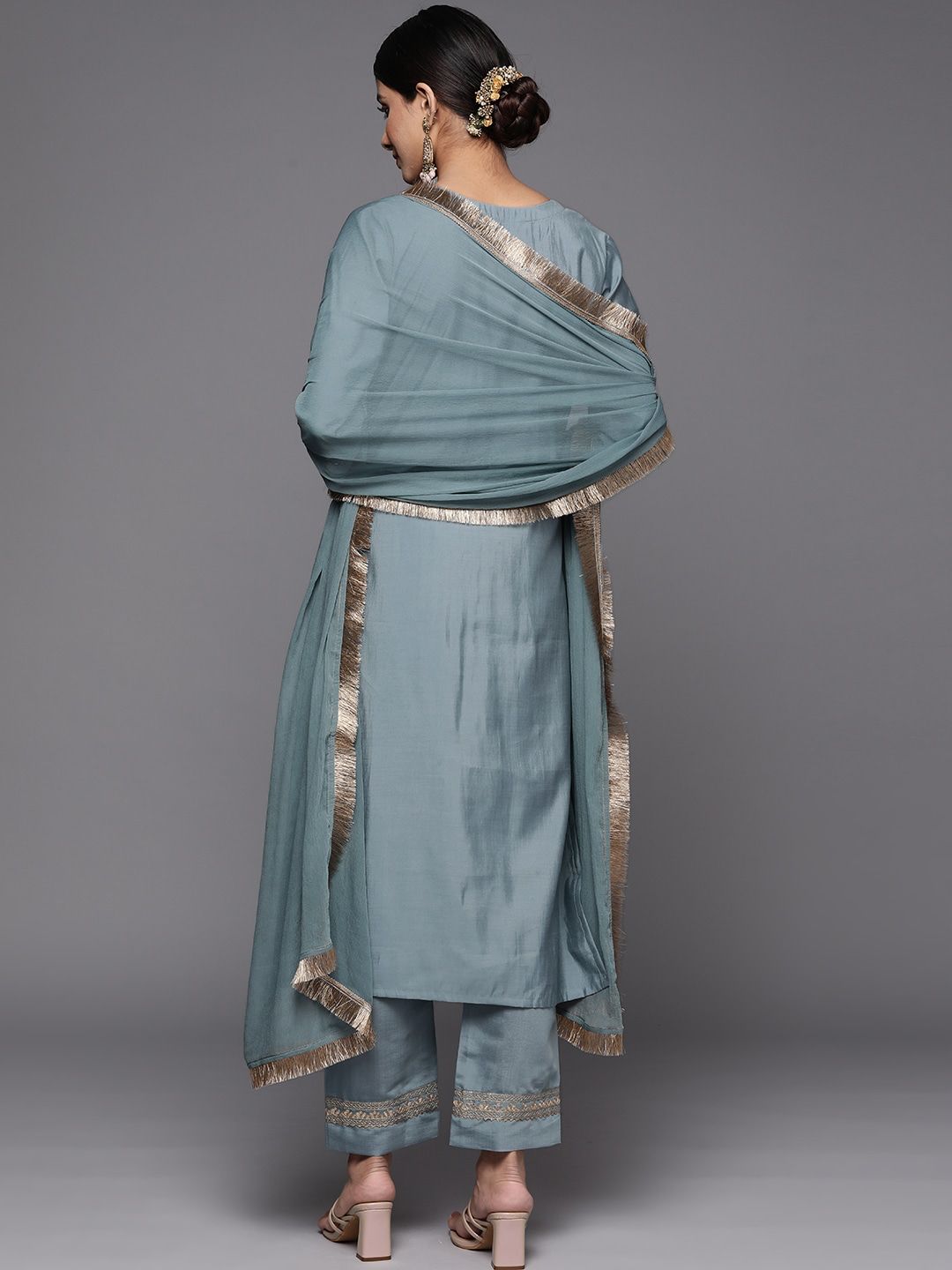 Women's Grey Viscose Chanderi Kurta set