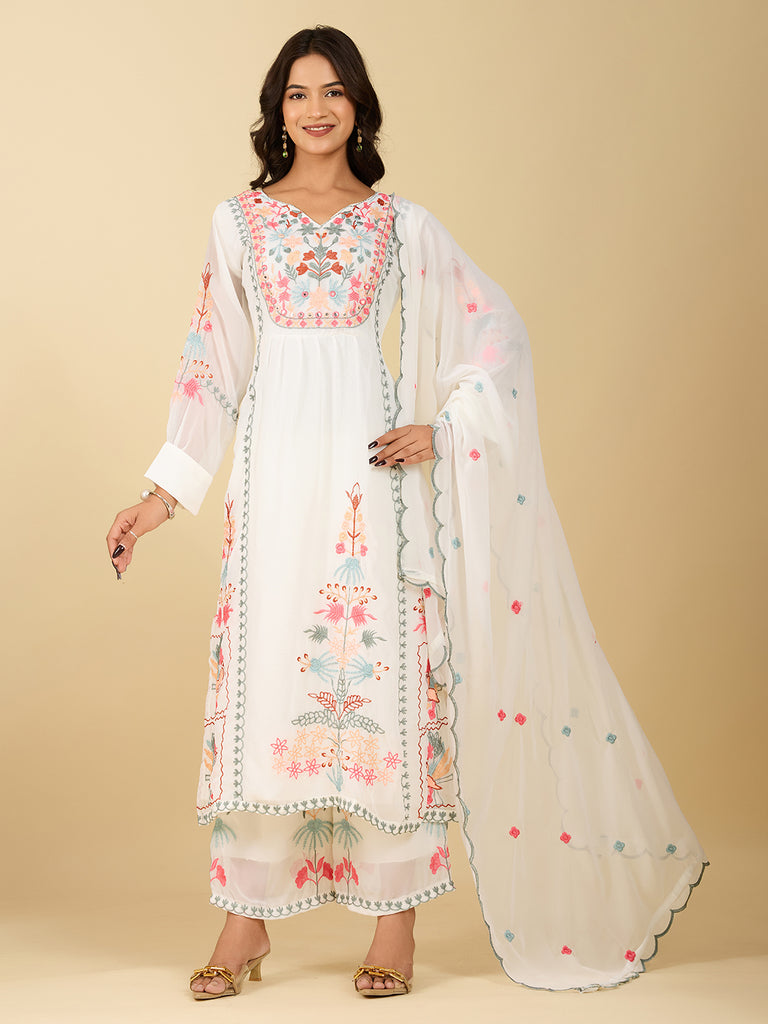 Women's Off White Embroidery Worked Georgette Kurta Set